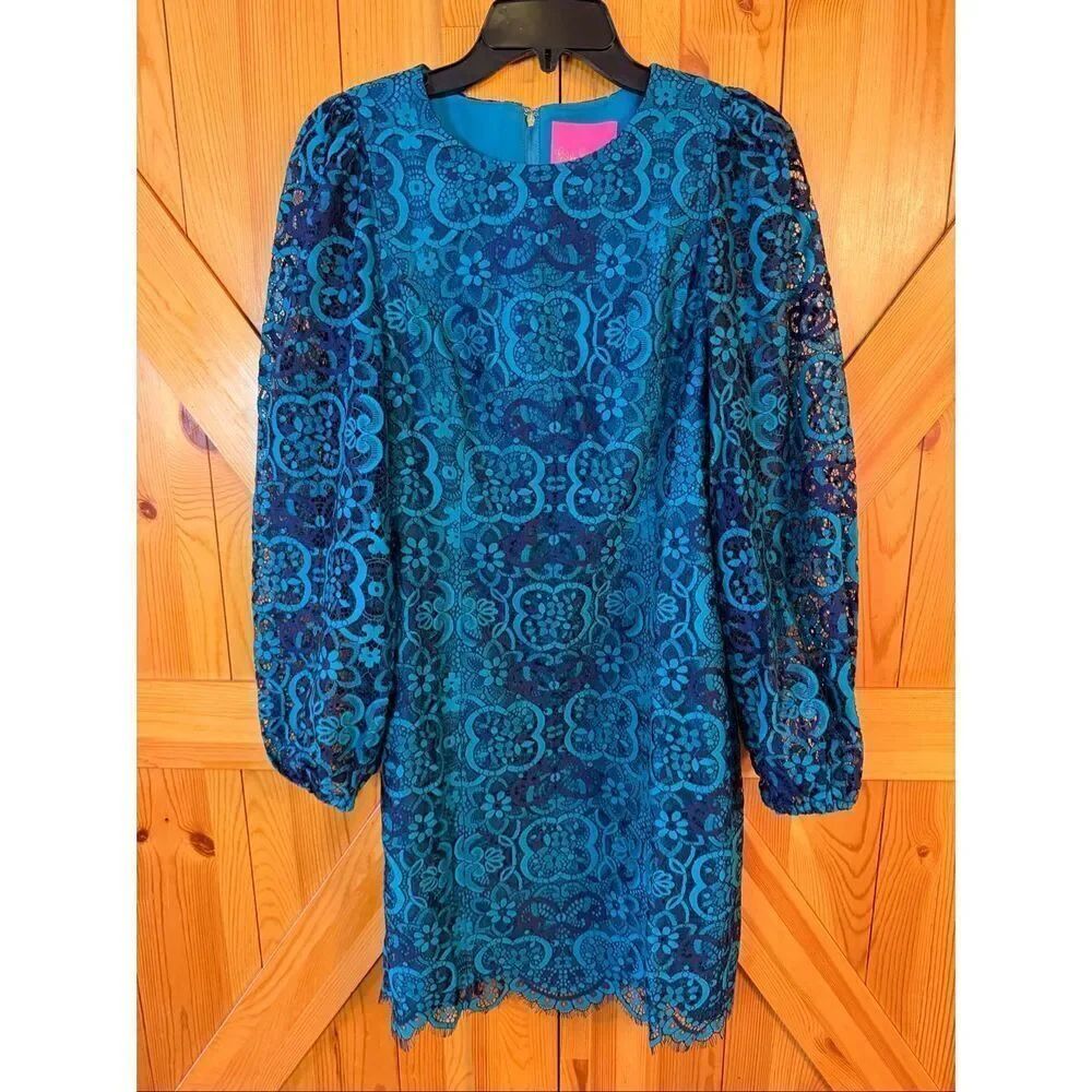 LILLY PULITZER Averi Lace Lined Puff Shoulder Dress Teal Navy Size 6 (6989)